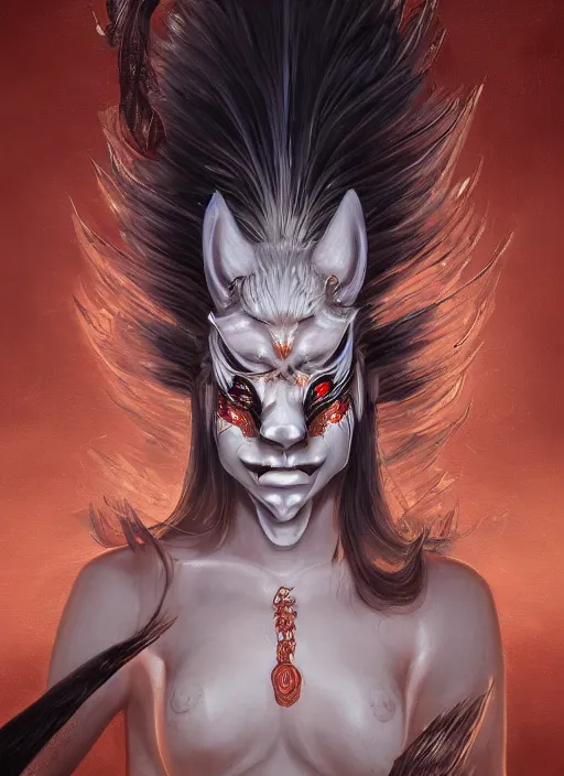 Image similar to a beautiful detailed oil on copper art illustration of a japanese oni kitsune mask devil woman, the mask is broken, centered, by charlie bowater, zeng fanzh, trending on artstation, dim dusk lighting, cinematic lighting, detailed lighting, volumetric lighting, realistic, f 8, 4 k hd wallpaper