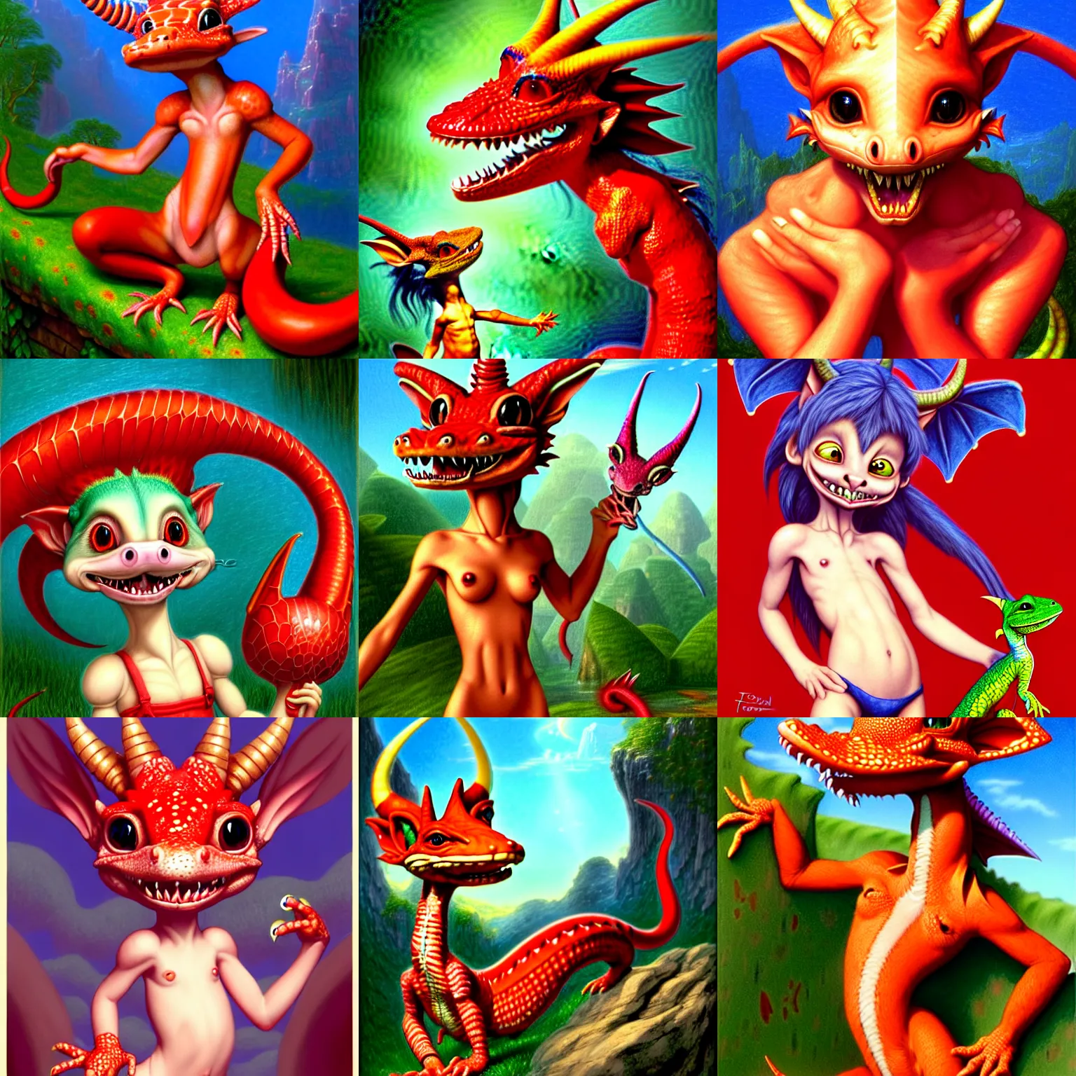 Prompt: a cutely drawn kobold girl with vibrant red smooth scales wearing simple colorful clothes. she has thick tail, cute horns and smile with white belly scales and anole anthro features. a digital photoshop colored - pencil fantasy drawing by thomas cole, terese nielsen, and edvard escher guay, magically shaped surrealism, trending on artstation.