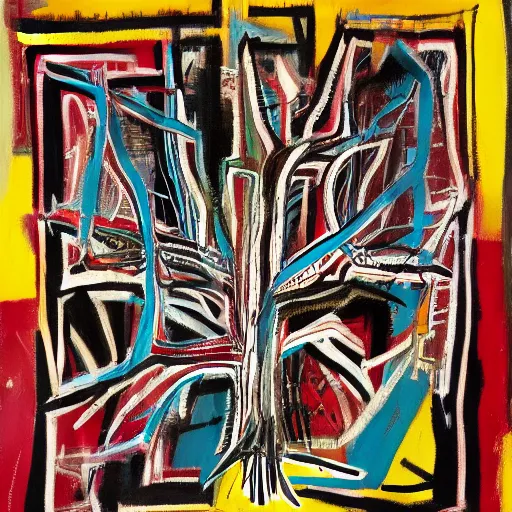 Prompt: basic composition uses the frame of the qabbalistic tree of life, basquiat