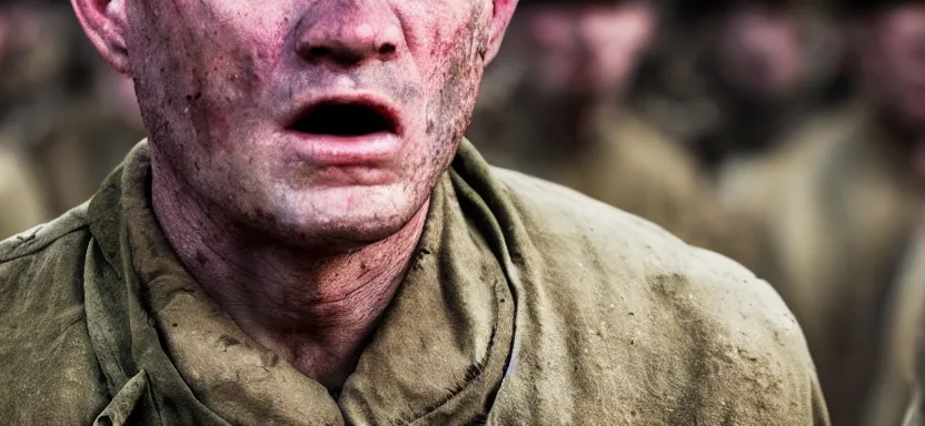 Image similar to horrified World War 1 soldier close-up, IMAX cinematic film still