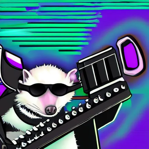 Prompt: a striking digital painting of a cyberpunk rocker humanoid opossum with radical sunglasses playing a keytar in a stage