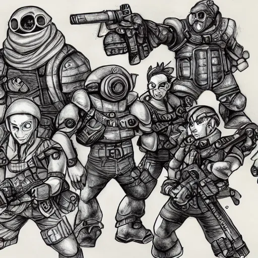 Image similar to timesplitters in the style of chrono trigger, concept art, highly detailed, pen on paper