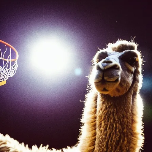 Prompt: film still of a llama in a jersey dunking a basketball, low angle, show from below, tilted frame, 3 5 °, dutch angle, extreme long shot, high detail, indoors, dramatic backlighting.