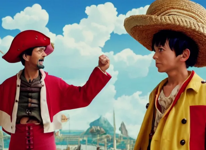 Prompt: a film still of cosplay of luffy the pirate in the grand budapest hotel ( 2 0 1 4 ), 4 k