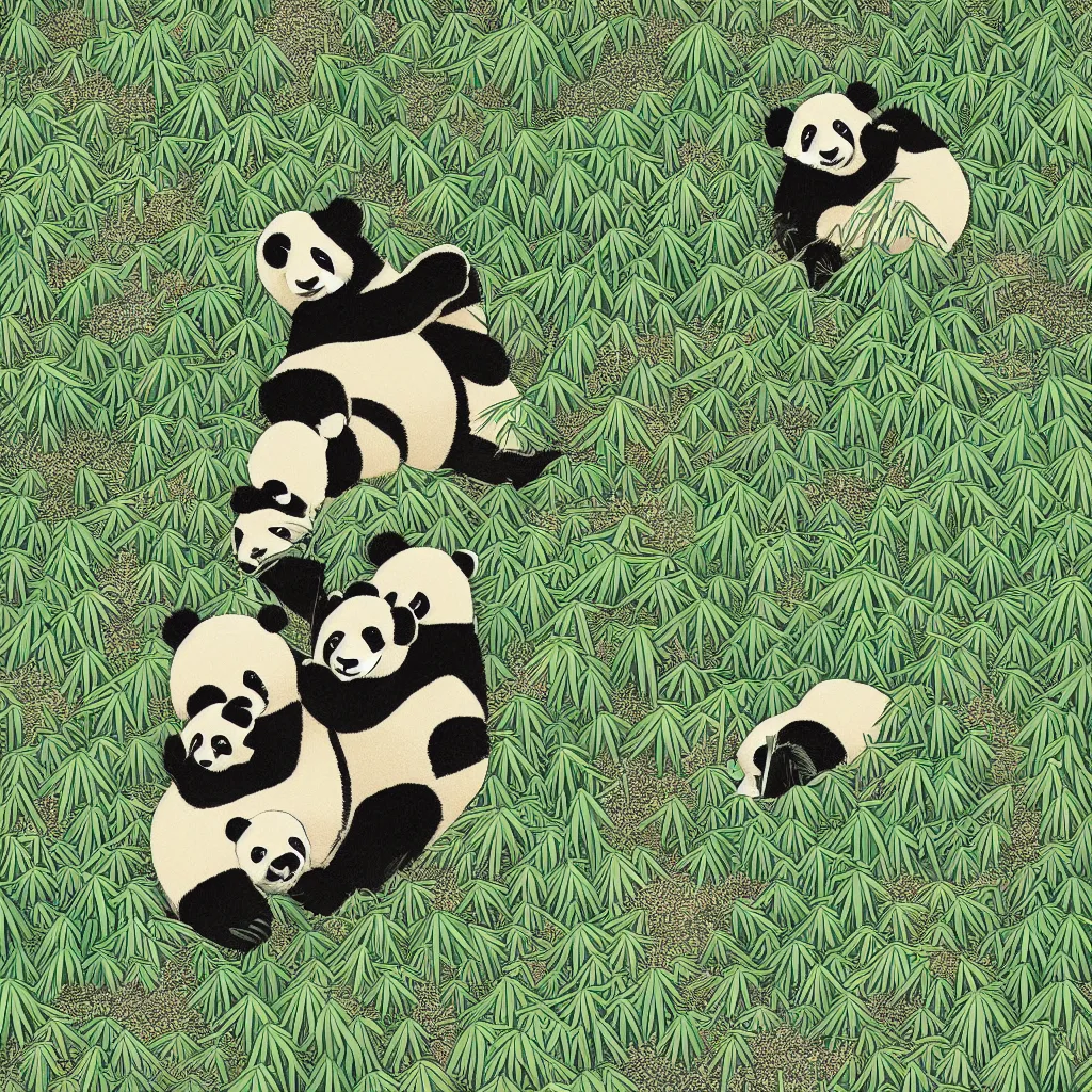 Image similar to isometric view illustration of a bamboo forest and panda eating bamboo, highly detailed mid day by victo ngai