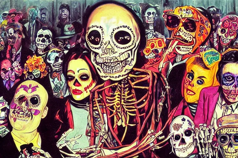 Prompt: scene from fear and loathing in las vegas, day of the dead, cyber skeleton, neon painting by otto dix