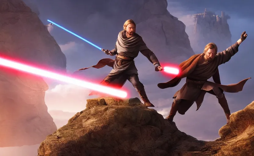 Prompt: anakin skywalker and obi wan kenobi engaging in an epic duel on a cliffside, epic, fantasy artwork, intense, cinematic, raytracing, dynamic lighting, 4 k