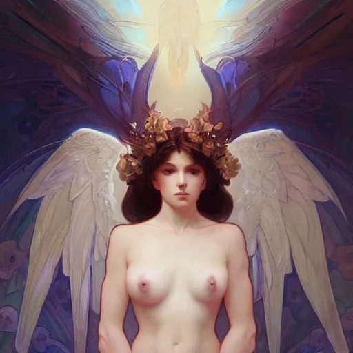 Image similar to a beautiful painting of a beautiful angel by ross tran!! and alphonse mucha and greg rutkowski! and gustav dore! and artgerm!!, in style of digital art illustration. symmetry. highly detailed face. fantasy, smooth, hyper detailed, sharp focus, soft light. trending on artstation. 4 k