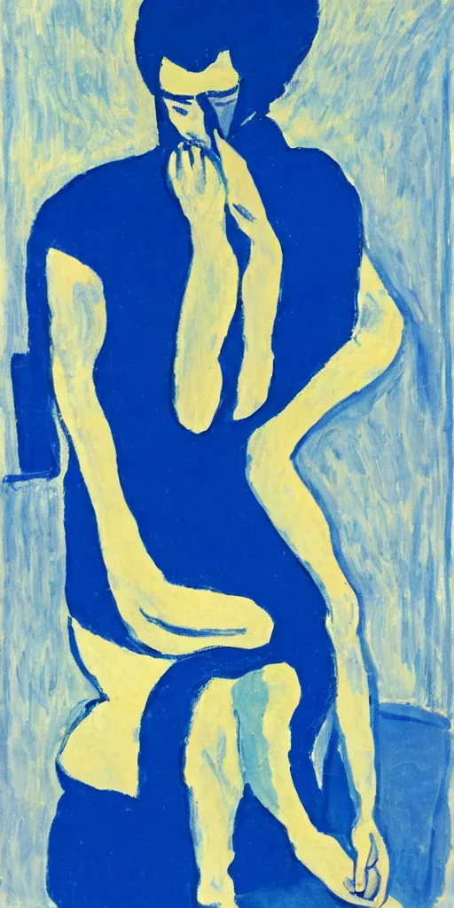 Prompt: portrait of someone who has chest pains, coughing, clogged, fear, pain, burning, in the style of Matisse, cerulean blue theme