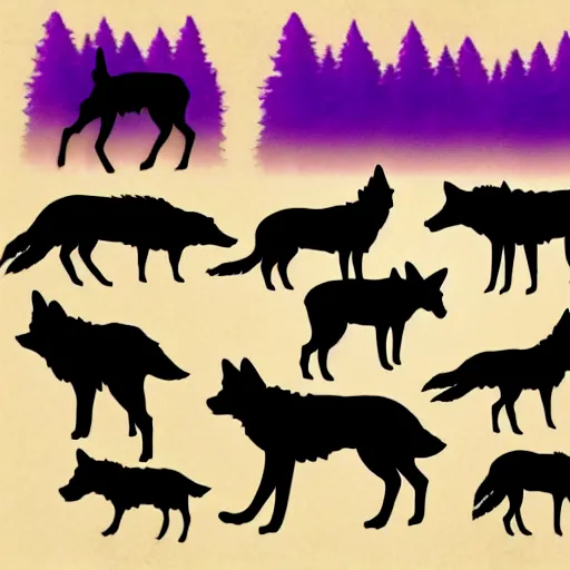 Image similar to silhouette art of wolves in a forest, good proportions, stunning, sunset, intricate, 4 k wallpaper, trending on artstation gradient black to purple