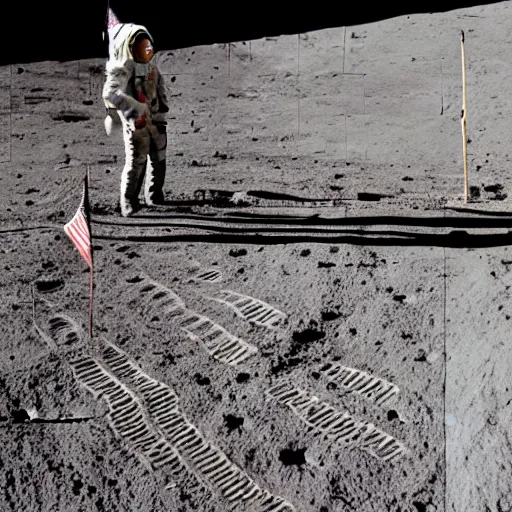 Prompt: photograph of a cowboy planting the american flag on the moon