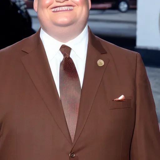 Image similar to Andy Richter is wearing a chocolate brown suit and necktie and stepping out from inside a refrigerator.