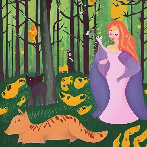 Image similar to offhand, dull by debbie criswell. a beautiful illustration of princess aurora singing in the woods while surrounded by animals. she looks so peaceful & content in the company of the animals, & the colors are simply gorgeous.