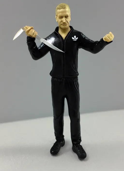 Image similar to 80mm resin detailed miniature of drunk man in black Adidas tracksuit holding knife, Product Introduction Photos, 4K, Full body