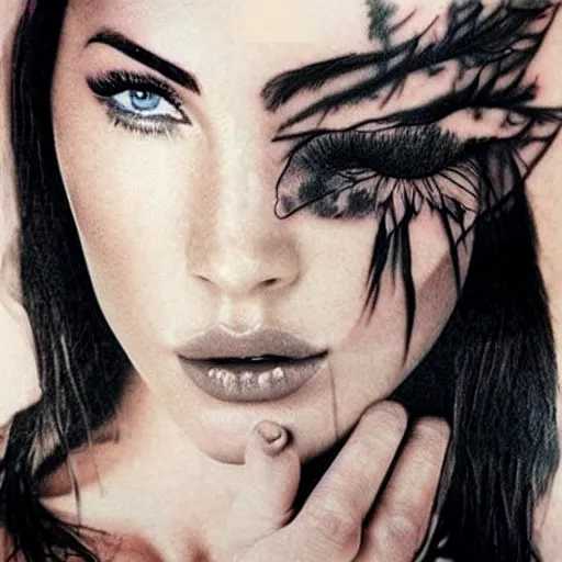 Image similar to realistic tattoo sketch of megan fox face photoshop double exposure effect with a mountain scenery, in the style of matteo pasqualin, amazing detail, sharp, faded