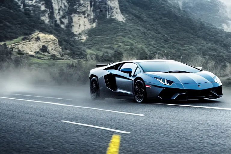 Image similar to a cinematic photograph of a lamborghini aventador driving through a vast mountainous landscape whilst neon lightening strikes on the car, rain falls, ultra realistic, high definition