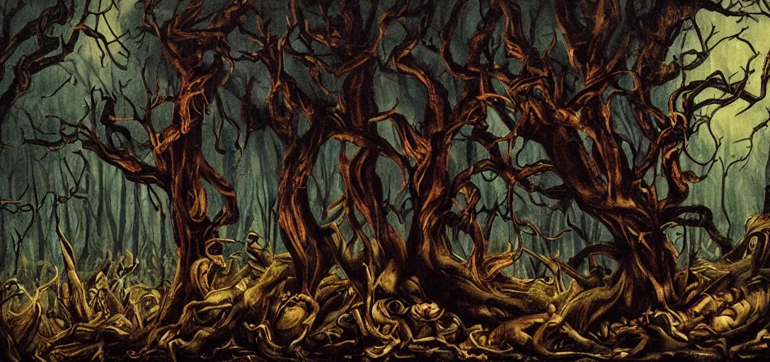 Image similar to A horror painting of a dark fantasy forest, pain, agony, sorrow