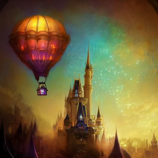 Image similar to a beautiful stunning fantasy whimsical matte digital illustration of a hot - air balloon powered by magic over a lit city at night by marc simonetti, pastel color palette, disney magic the gathering steampunk, chiaroscuro magical bokeh moon stars, trending on artstation hq, masterpiece