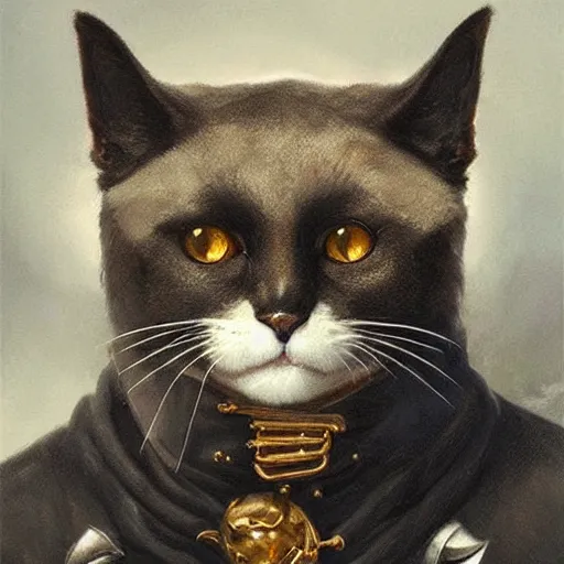 Image similar to portrait, male humanoid cat, eye patch on one eye, black fur, pirate, doctor, pirate clothes, d & d, fantasy, intricate, elegant, highly detailed, digital painting, artstation, concept art, matte, sharp focus, illustration, art by artgerm and greg rutkowski and alphonse mucha