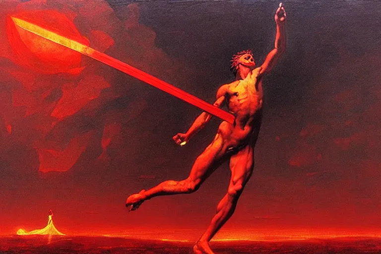 Image similar to only with red, a red melted apollo with a laurel wreath and a flaming sword announce the win, atene in the background, in the style of beksinski, part by hopper, part by rodcenko, part by hofbauer, intricate composition, red by caravaggio, insanely quality, highly detailed, masterpiece, red light, artstation