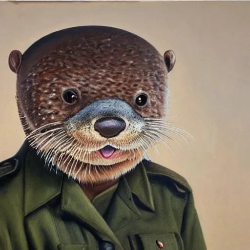 Image similar to oil painting of an anthropomorphic otter in military uniform, amazing detail, hyper realism,