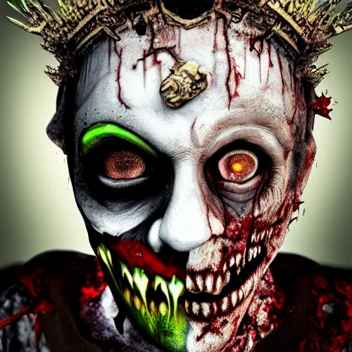 Prompt: asymmetrical zombie king portrait, fallen, decay, clown, depressed, borderline, schizophrenia, hyperrealistic 8 k realistic