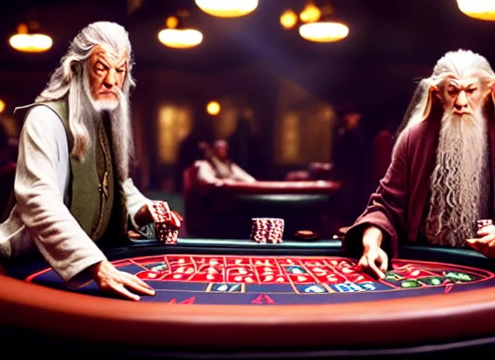 Image similar to film still of gandalf gambling in a casino in new lord of the rings movie, 8 k