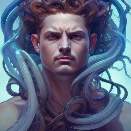 Image similar to male medusa, highly detailed, digital painting, cute face, artstation, concept art, smooth, sharp focus, illustration, art by artgerm and greg rutkowski and alphonse mucha