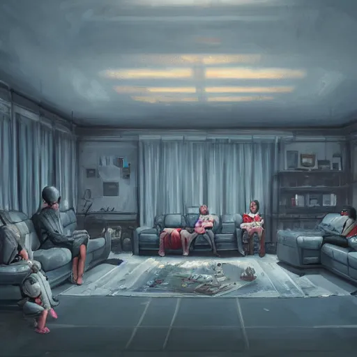 Prompt: pov shot behind a a family sat on a sofa watching mind control TV propoganda in an eerie room, trending on artstation, dystopian and depressing