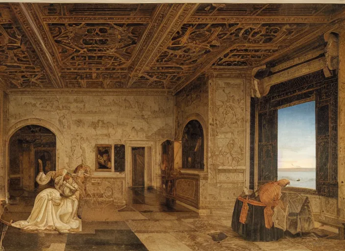 Image similar to a renaissance castle room flooded with water, a robot is sitting in a small boat in the room fishing,