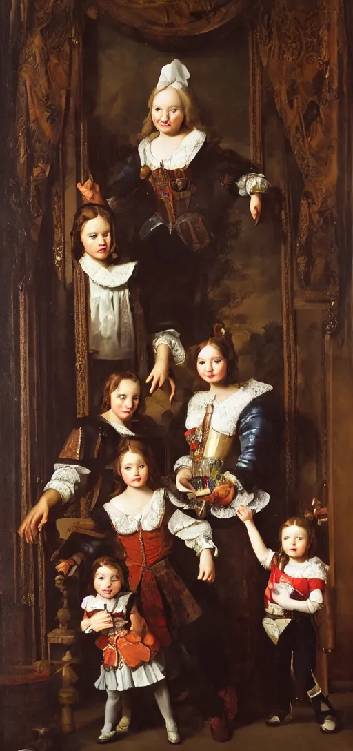 Image similar to oil paint in canvas of family portrait in the main room of the castle, dark room, one point of light trough a big window. baroque style 1 6 5 0, high details on clothes, realistic faces and expressions, space between subjects inspired by diego velasquez