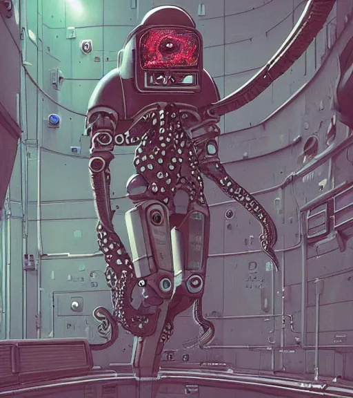 Image similar to a cybernetic realistic octopus in a space station, techwear, Industrial Scifi, detailed illustration, character portrait, graffiti art by Martin Grip and Moebius