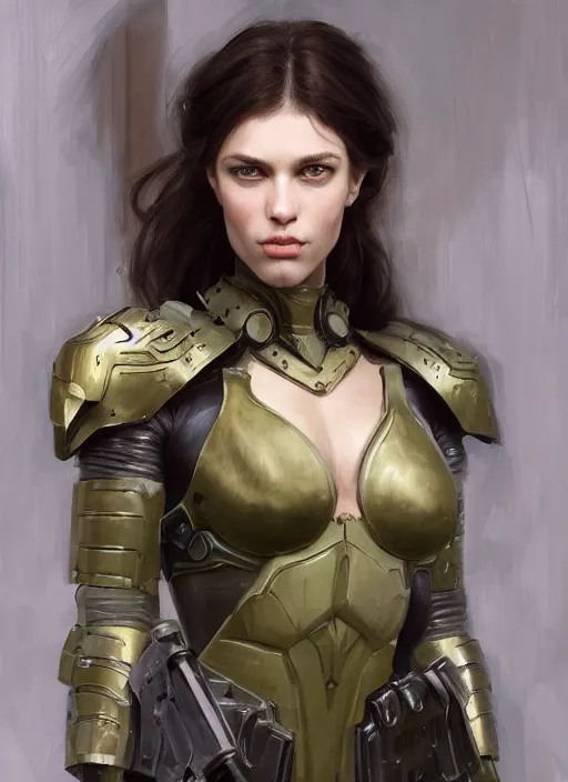 Image similar to a professional painting of a beautiful young female, clothed in military armor, olive skin, long dark hair, beautiful bone structure, symmetrical facial features, intricate, elegant, digital painting, concept art, smooth, sharp focus, illustration, from Metal Gear, by Ruan Jia and Mandy Jurgens and Artgerm and William-Adolphe Bouguerea