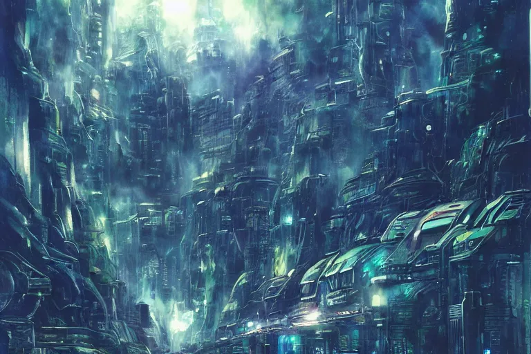 Image similar to a vast planetary sci-fi city by Yoshitaka Amano, watercolor illustration, artstation, dramatic scenery, masterpiece, aesthetic