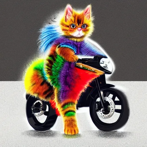 Image similar to wide angle full body, jacket wearing fluffy cute rainbow kitten wearing a black leather motorcycle jacket, riding on a motorcycle, cinematic concept art