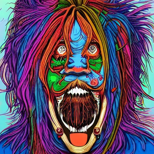 Image similar to a crazy man with long multi colored hair and a pointy beard smiling and making strange gestures as his face melts and inside his face are various psychedelic rebel monsters, psychedelic surreal cosmic bizarre horror