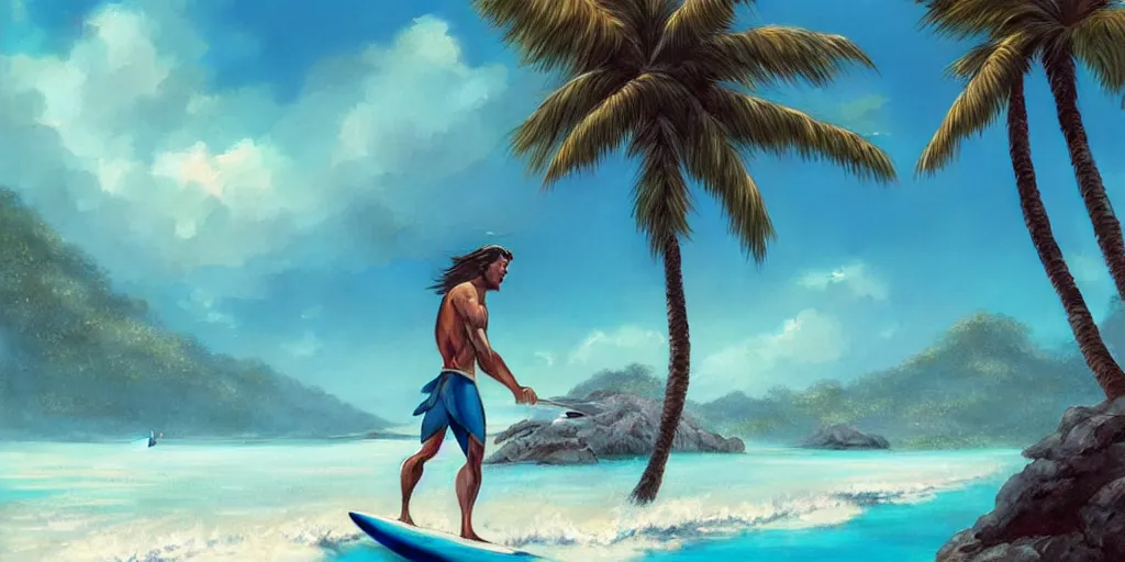 Prompt: a handsome man with shoulder - length hair surfing on a surfboard in a magical blue lagoon, clear water, palm trees, digital illustration, art by greg rutkowski and artgerm, intricate, elegant, smooth, amazing detail, concept art, sharp focus, cinematic lighting