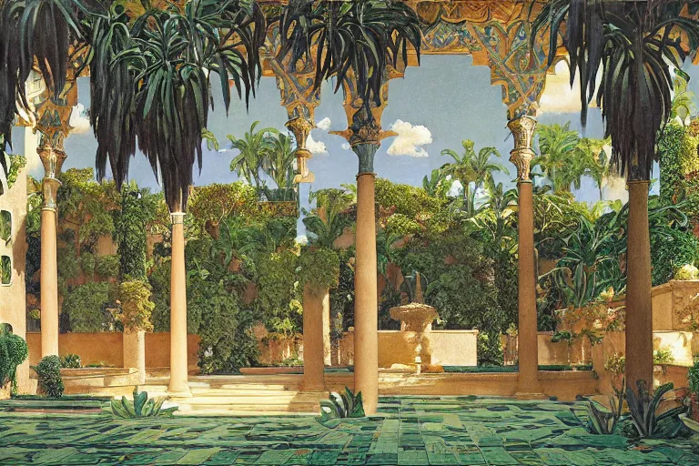 Image similar to painting of a beautiful moorish palace courtyard garden, by maxfield parrish and evelyn de morgan and waterhouse and dante rossetti, patterned tilework, palm trees, tiled fountains, extremely detailed, cinematic lighting, smooth sharp focus