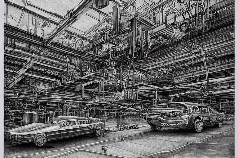 Prompt: pencil art of a car factory, by pierre - yves riveau, schematic, hyper detailed, fine details, pencil art, shadows, intricate