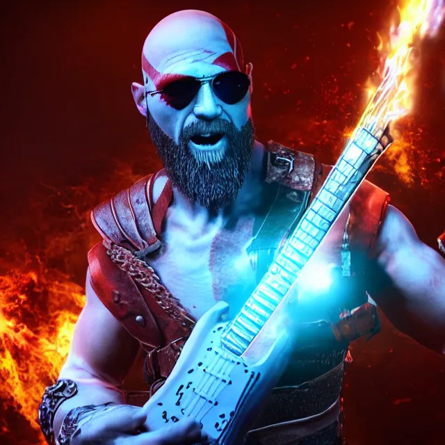 Prompt: sunglasses wearing kratos rocking out on a stratocaster guitar, cinematic render, god of war 2 0 1 8, playstation studios official media, sunglasses, lightning, flames, red stripe over eye