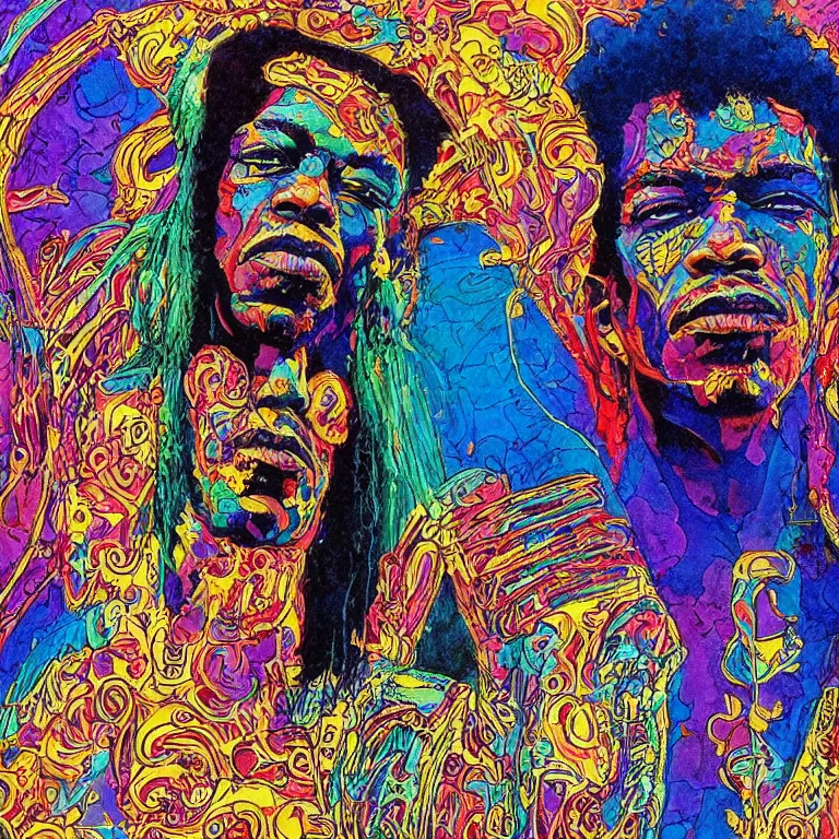 Image similar to colorfull artwork by Franklin Booth and Mati Klarwein showing a portrait of Jimi Hendrix as a futuristic space shaman