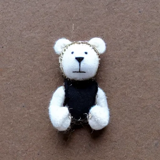 Prompt: a well - worn, threadbare teddy polar bear with a button eye and black thread mouth