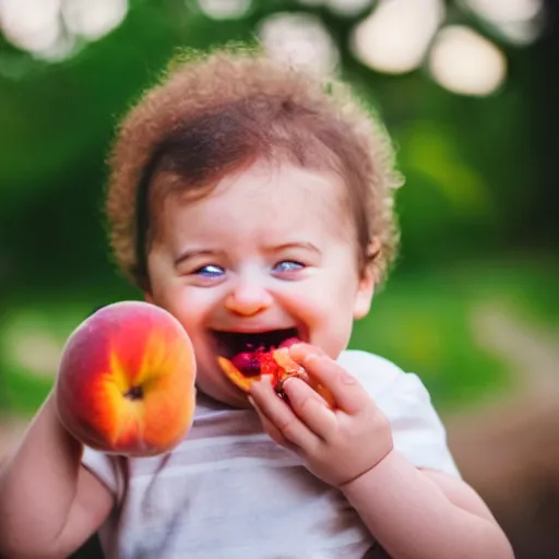 Prompt: photo of an insane baby laughing and eating a peach, bokeh focus