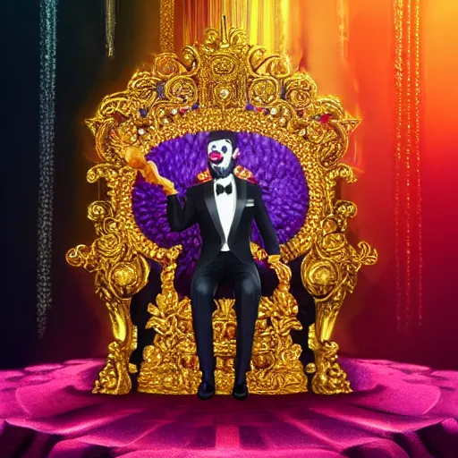 Image similar to shining giant throne made of millions of diamonds, gold and sapphires with thousands of light reflections, and a clown on a tuxedo suit is sitting on the throne while handing a golden balloon, dramatic light, digital painting, ultradetailed, artstation, oil painting