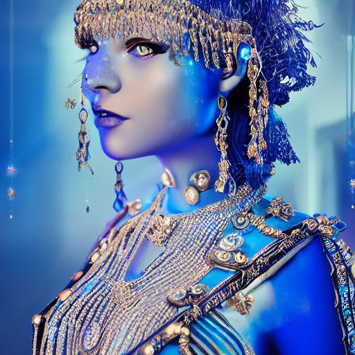 Prompt: photo of princess of sapphire, sad, glowing, ornate and intricate blue jewelry, jaw dropping beauty, glowing background lighting, blue accent lighting, hyper detailed, 4 k octane render