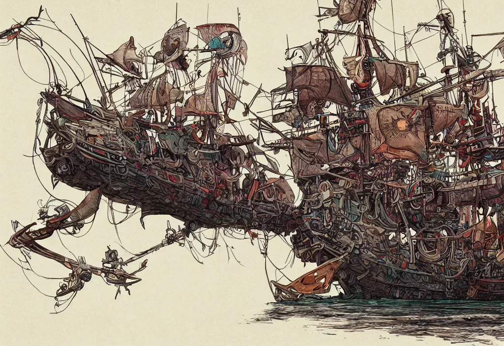 Prompt: handmade illustration of a cartoonish pirate ship, line art, ink, watercolor by Kilian Eng and by Jake Parker, winning-award masterpiece, fantastic, octane render, 8K HD Resolution, High quality image