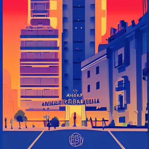 Prompt: a poster of madrid ( spain ), poster art by james gilleard, behance contest winner, retrofuturism, official art, criterion collection, poster art