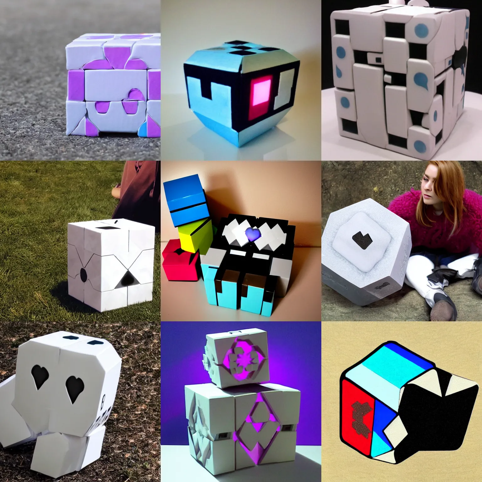 Prompt: a companion cube looking like a beautiful woman