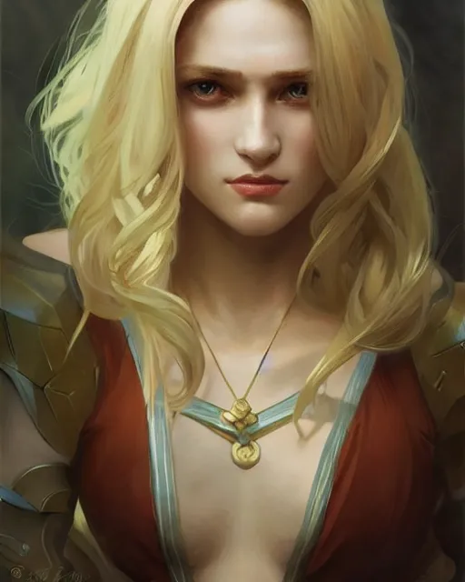 Image similar to '' Portrait of Beautiful blonde Slavic woman, league of legends, LOL, fantasy, d&d, digital painting, artstation, concept art, sharp focus, illustration, art by greg rutkowski and alphonse mucha ''