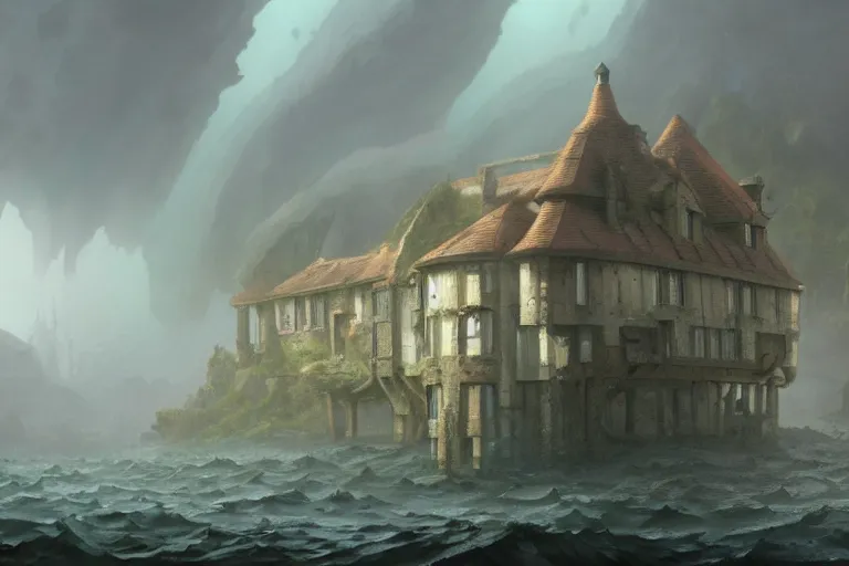 Image similar to submerged underwater!!!! of the ocean, a typical european house with a slate roof, school of fishes, scenic view, matte painting by christophe vacher and hubert robert, trending on artstation